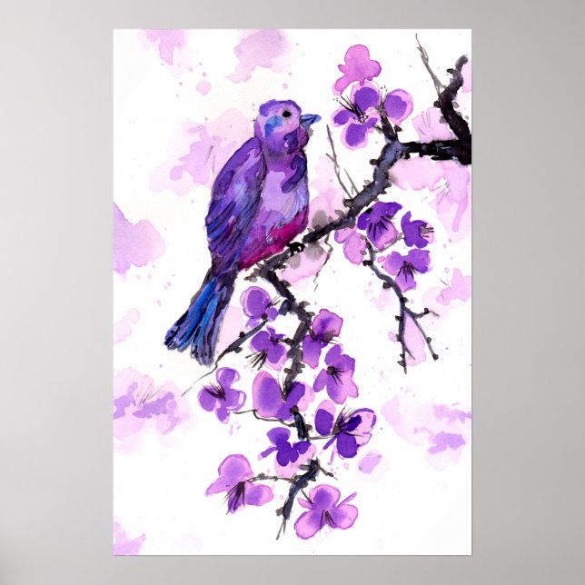 Lila Vögel und Blüten Poster (Vorne)