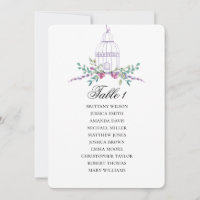 Lila Vogelkäfig-Sitzkarte. Hochzeitsplan