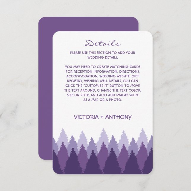 Lila Waldlandschaften - Details zur Hochzeit Begleitkarte (Vorne/Hinten)