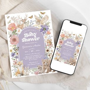Lila Waldtiere Wildblumen Baby Shower Einladung