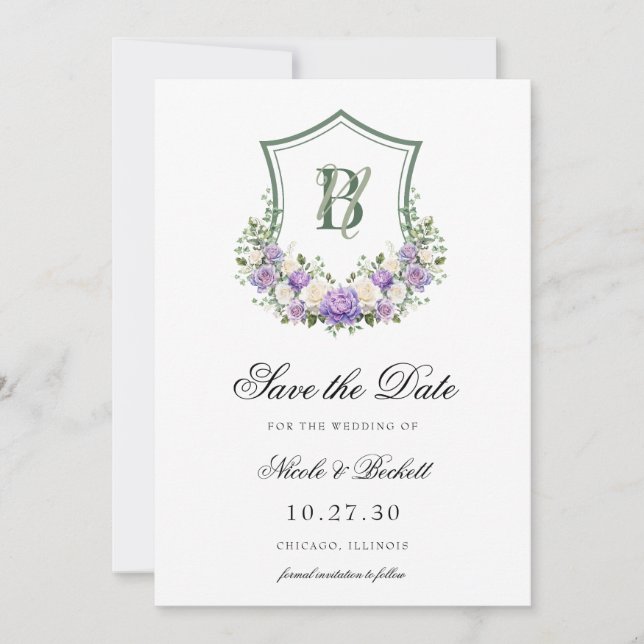 Lila Wappen-Hochzeit mit weißem Wappen Save The Date (Vorderseite)
