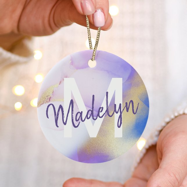 Lila Wasserfarbe Abstrakt Girly Luxe Monogram Keramik Ornament (Von Creator hochgeladen)