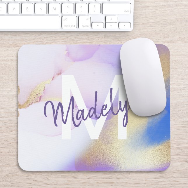 Lila Wasserfarbe Abstrakt Girly Luxe Monogram Mousepad (Von Creator hochgeladen)