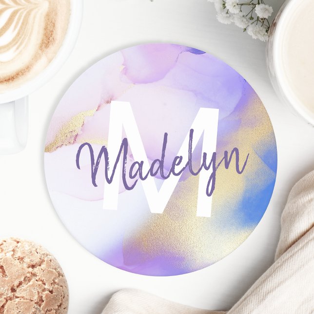 Lila Wasserfarbe Abstrakt Girly Luxe Monogram Runder Pappuntersetzer (Von Creator hochgeladen)