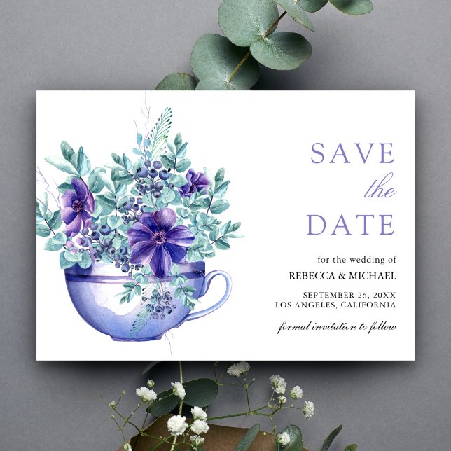 Lila Wasserfarbe Anemones Tea Cup Hochzeit Save The Date (Von Creator hochgeladen)