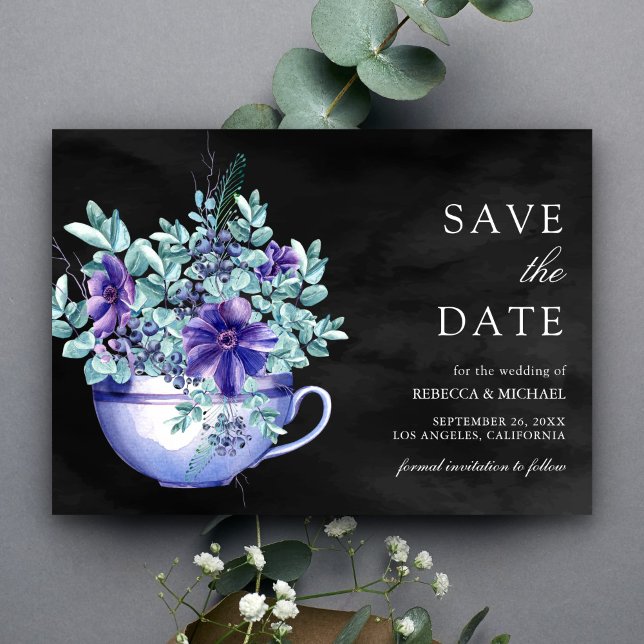 Lila Wasserfarbe Anemones Tea Cup Schwarze Hochzei Save The Date (Von Creator hochgeladen)