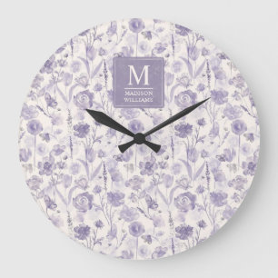 Lila Wasserfarbe Blumen Blumen Muster Große Wanduhr