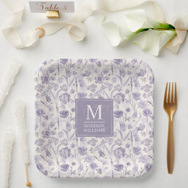 Lila Wasserfarbe Blumen Blumen Muster Pappteller (Hochzeit)
