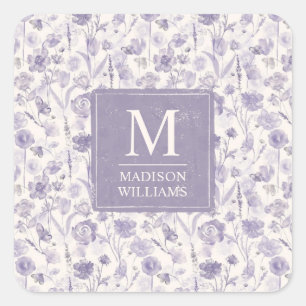 Lila Wasserfarbe Blumen Blumen Muster Quadratischer Aufkleber