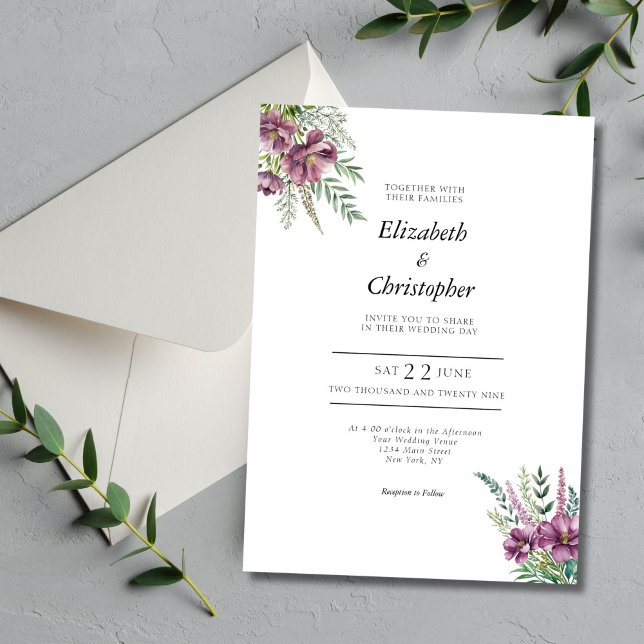 Lila Wasserfarbe Blumenmotiv Moderne Hochzeit Einladung (Purple Floral Watercolor Modern Elegant Wedding Invitation)