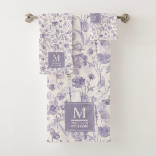Lila Wasserfarbe Blumenmuster Badhandtuch Set
