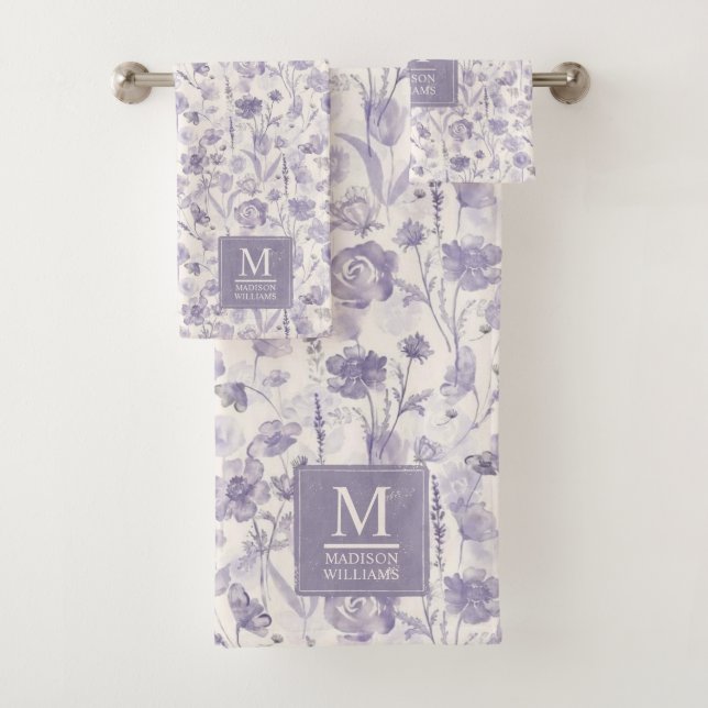 Lila Wasserfarbe Blumenmuster Badhandtuch Set (Insitu)