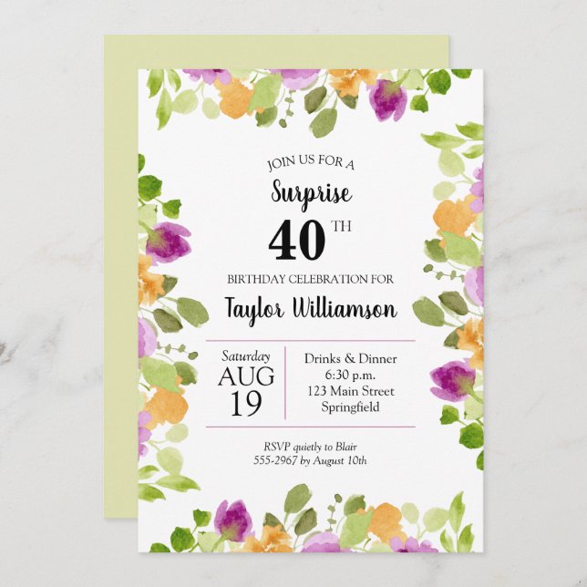 Lila Wasserfarbe Blüte Geburtstagseinladungen (Vorne/Hinten)