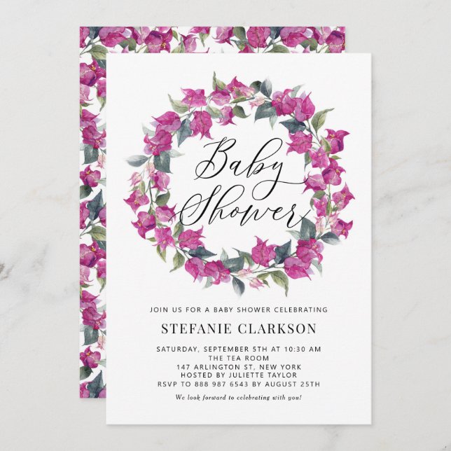 Lila Wasserfarbe Bougainvillea Wreath Kinderdusche Einladung (Vorne/Hinten)