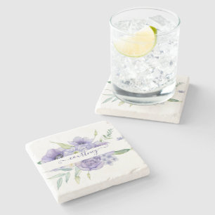 Lila Wasserfarbe floral personalisiert Steinuntersetzer