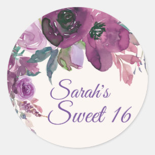 Lila Wasserfarbe Floral Sweet 16 Geburtstag Runder Aufkleber