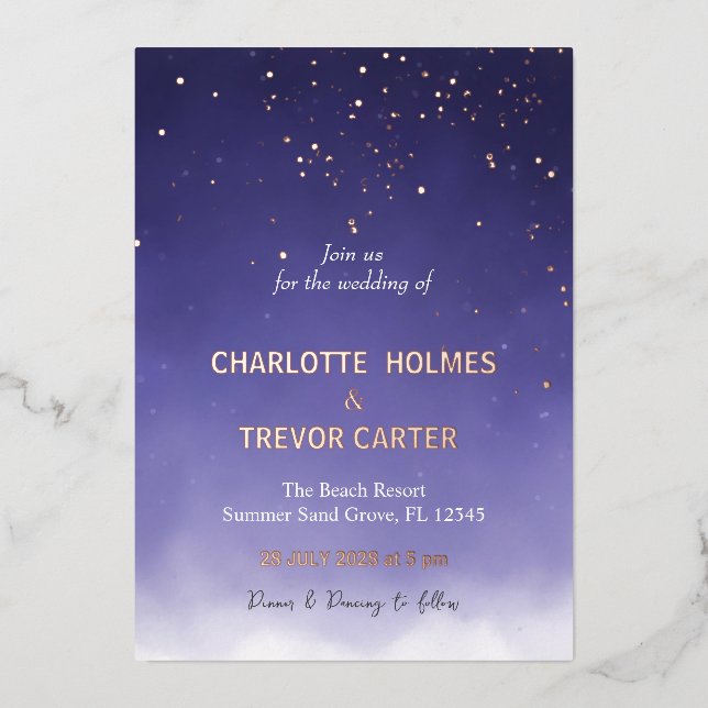 Lila Wasserfarbe Moderne Sterne Hochzeit Gold Folieneinladung (Vorderseite)