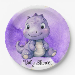 Lila Wasserfarbe Niedlich Dinosaur Girl Babydusche Pappteller