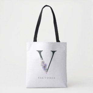 Lila Wasserfarbe V Monogramm Floral Totbeutel