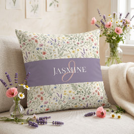 Lila Wasserfarbe Wildblumen Boho Monogramm Name Kissen