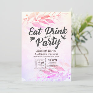 Lila Wasserfarben-Blätter EAT Trinke & Party-Hochz Einladung