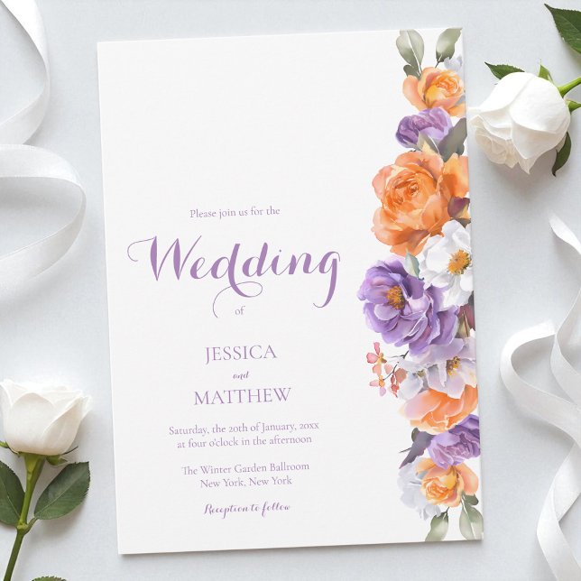 Lila Wasserfarben Blumen Elegante Blume Hochzeit Einladung (Purple Watercolor Floral Elegant Flowers Wedding Invitation)