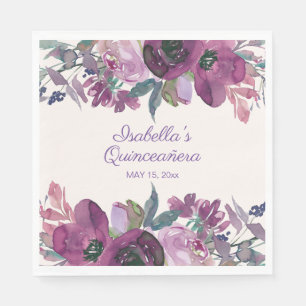 Lila Wasserfarben-Blumen-Quinceañera-Name Datum Serviette