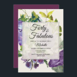 Lila Wasserfarben Blumenrinde 40. Geburtstag Einladung<br><div class="desc">Plum lila Aquarellblumen und grüne Blätter auf Elfenbein / Alabaster botanischen Garten 40 und Fabulous / 40. Geburtstag Party Einladung.</div>