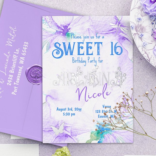 Lila Wasserfarben Orchideen Süß 16 Folieneinladung (Purple and blue sweet sixteen 16 birthday party invitation, silver foil letters, botanical design)