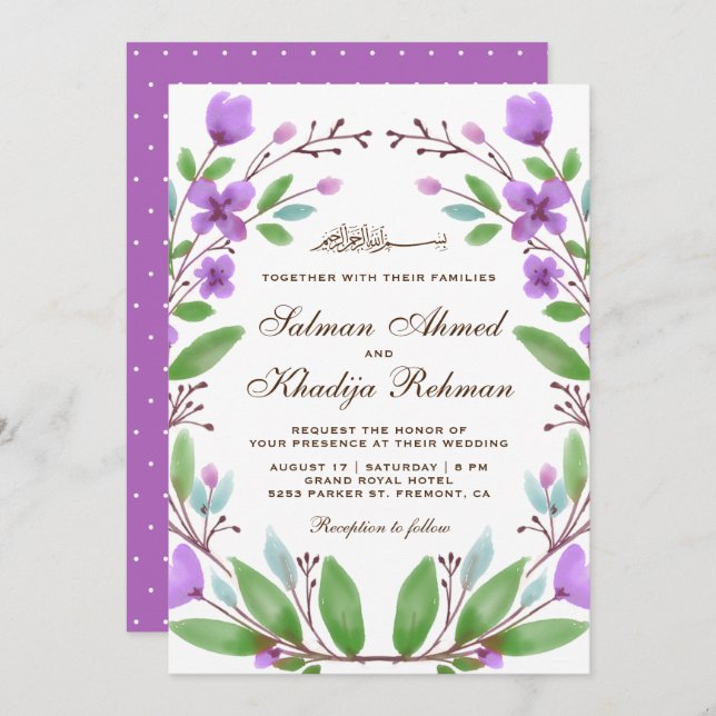 Lila Wasserfarbenfrohe islamische Hochzeit Einladung (Vorne/Hinten)