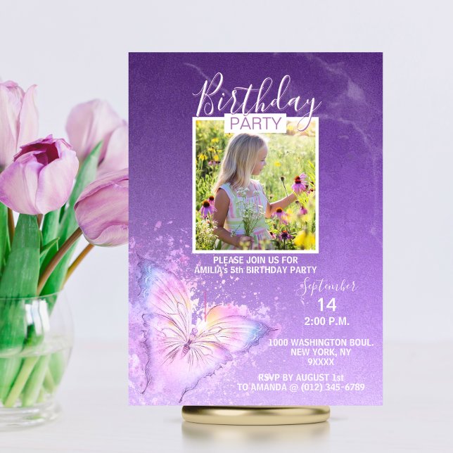 Lila Wasserfarbenschmetterlingsmädchen Geburtstag  Einladung (Purple Watercolor Butterfly Girl Birthday  PHOTO Invitation | Lavender, Violet Colors)