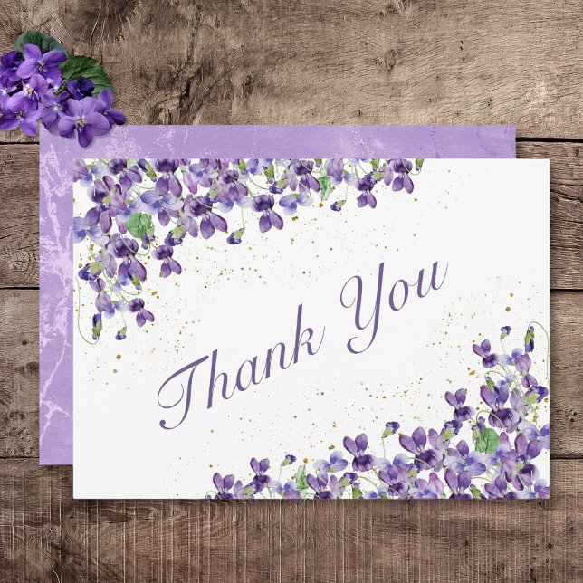 Lila Wasserfarbenviolette Hochzeit Dankeskarte (Rustic Purple Violets Gold Sparkle Wedding Thank You Card)