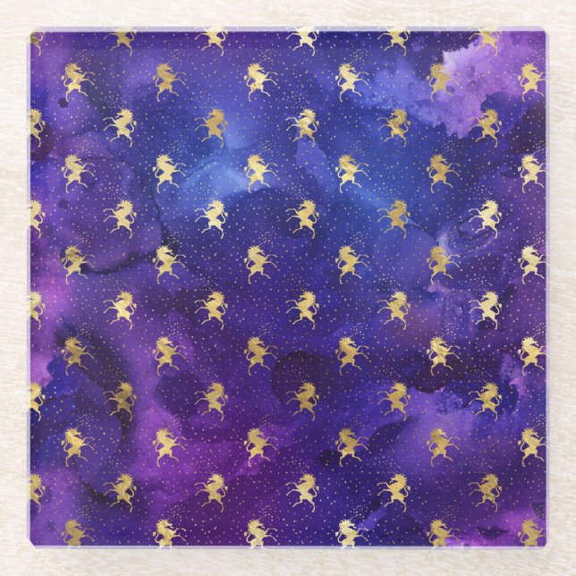 Lila Wasserfarbmuster mit Goldenem Einhorn Glasuntersetzer (Vorderseite)