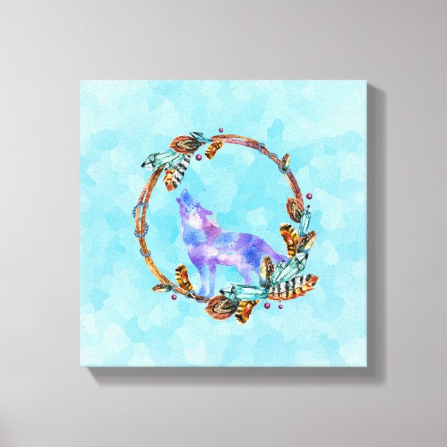 Lila WasserfarbWolf mit Boho Kranz Leinwanddruck (Vorderseite)