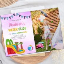 Lila Wasserrutsche Einladungen mit Foto
