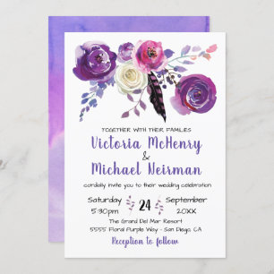 Lila Watercolor BlumenBoho Hochzeitseinladungen Einladung
