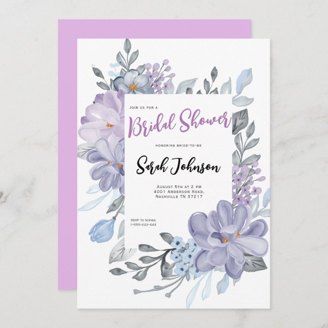 Lila Watercolor Lilac Blume Brautparty Einladung (Vorne/Hinten)