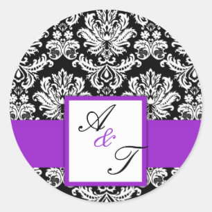 Lila Wedding Monogram Damask Siegel Runder Aufkleber
