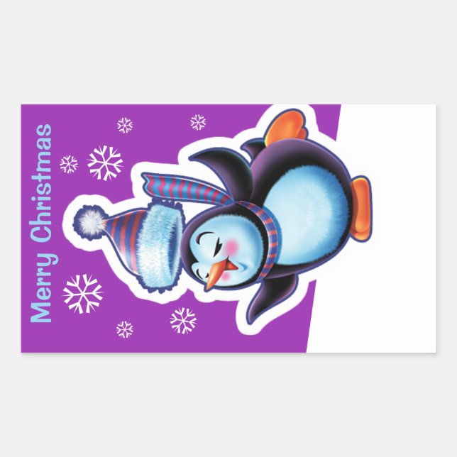 Lila Weihnachts-Rechteck Aufkleber Pinguin Skater. (Vorderseite)