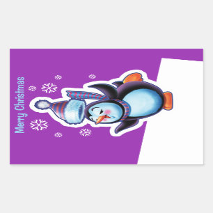 Lila Weihnachts-Rechteck Aufkleber Pinguin Skater.