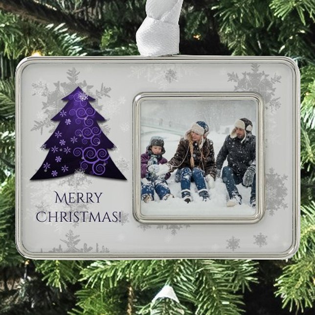 Lila Weihnachtsbaum Gerahmte Ornamente Rahmen-Ornament Silber (Purple Festive Christmas Tree Framed Ornament)