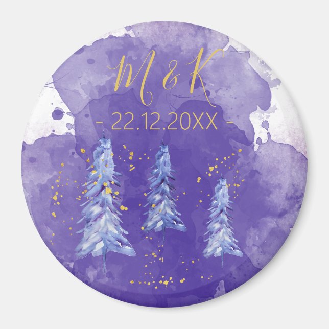 Lila Weihnachtsbaum Golden Snowflakes Magnet (Vorne)