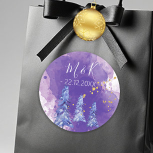 Lila Weihnachtsbaum Goldene Schneeflocken Runder Aufkleber