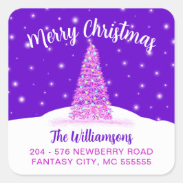 Lila Weihnachtsbaum-Rücksendeadresse Quadratischer Aufkleber