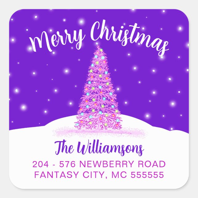 Lila Weihnachtsbaum-Rücksendeadresse Quadratischer Aufkleber (Vorderseite)