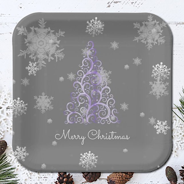 Lila Weihnachtsbaum und Schneeflocken Pappteller (Purple Christmas Tree and Snowflakes Paper Plates)