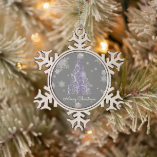 Lila Weihnachtsbaum und Schneeflocken Zinn-Ornament