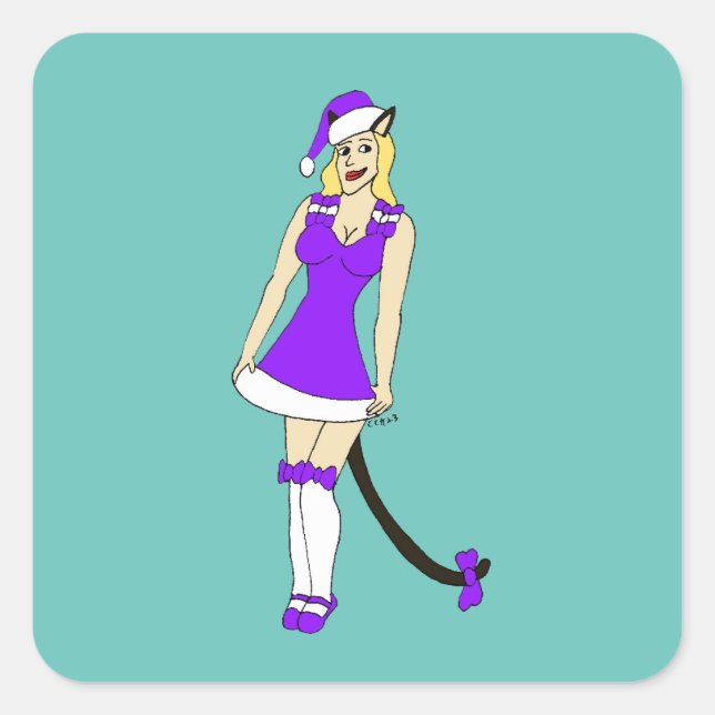 Lila Weihnachtskater Quadratischer Aufkleber (Vorderseite)