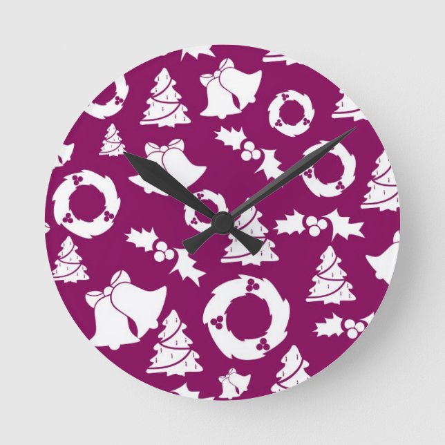 Lila Weihnachtsmuster Runde Wanduhr (Vorderseite)