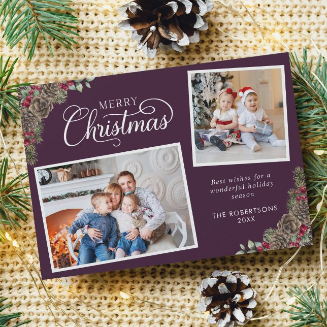 Lila Weihnachtswasser Botanisches 2-Foto Feiertagskarte (Von Creator hochgeladen)